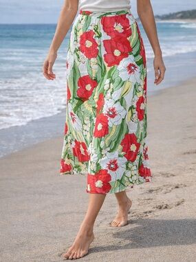 Jaclyn Smith Floral Skirt Sz 12 Rayon Red Green Boho Flowy‎ Midi Cottagecore